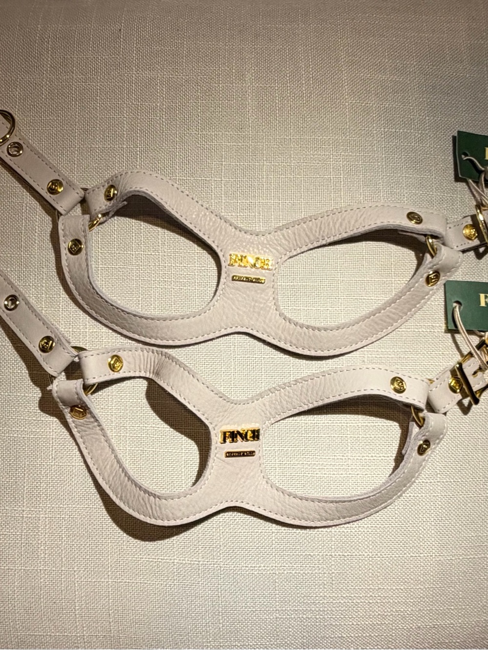 White Leather Dog Harness with Gold Accents